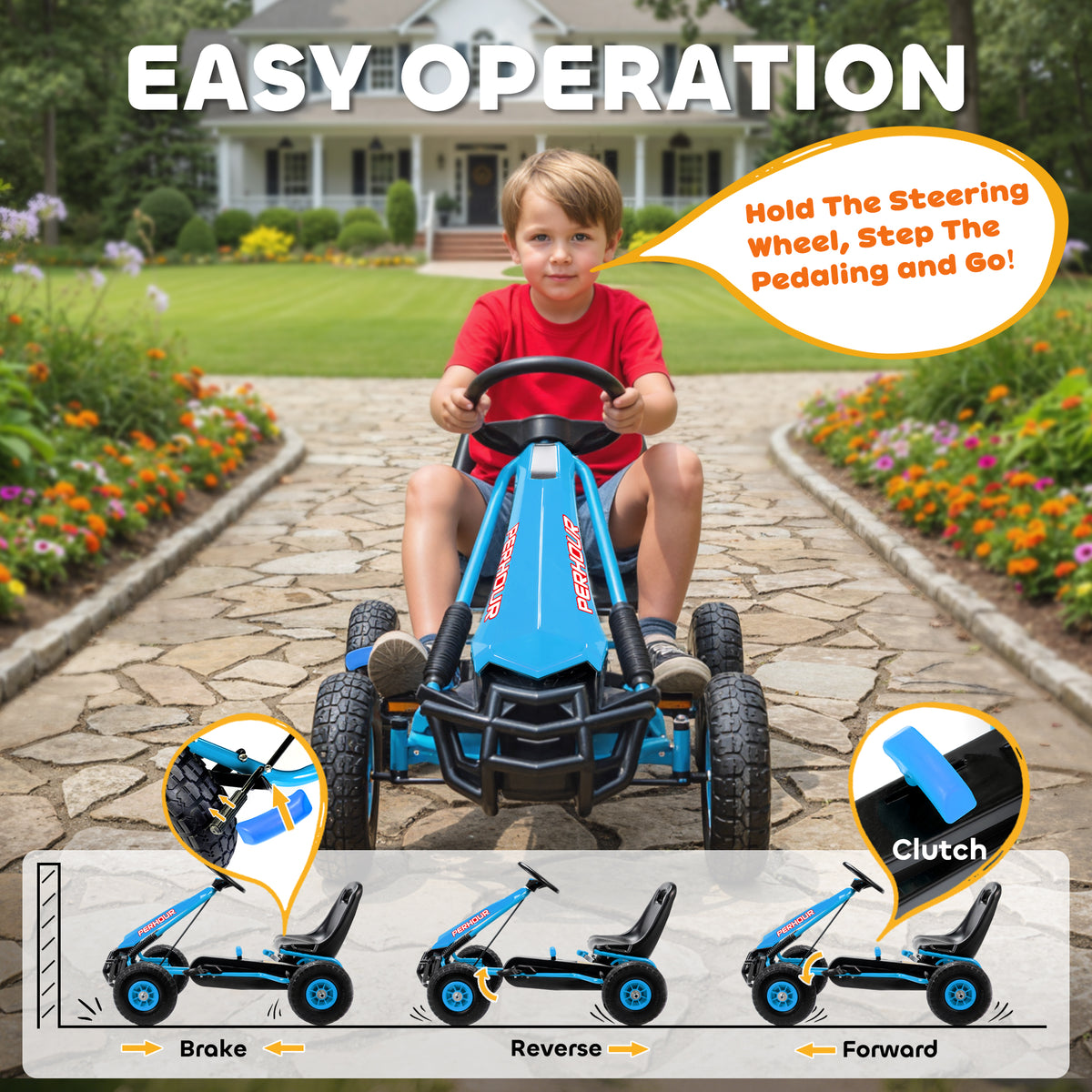 AIYAPLAY Kids Pedal Go Kart with Adjustable Seat, EVA Tyres, Manual Clutch, Brake, Go Kart for Kids 3-8 Years, Blue