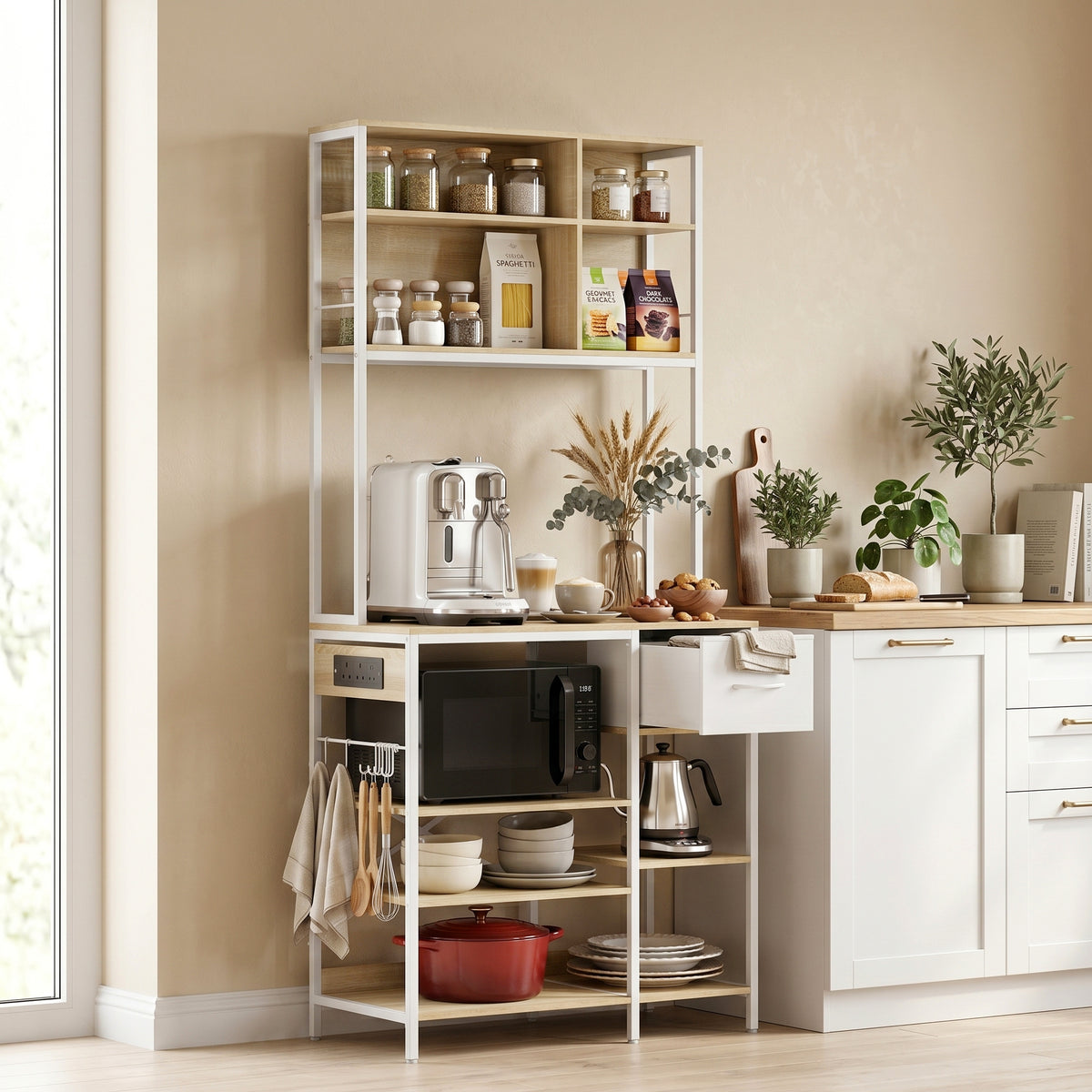 HOMCOM Kitchen Baker's Rack, Microwave Stand with Storage Shelves and 6 Hooks for Small Spaces