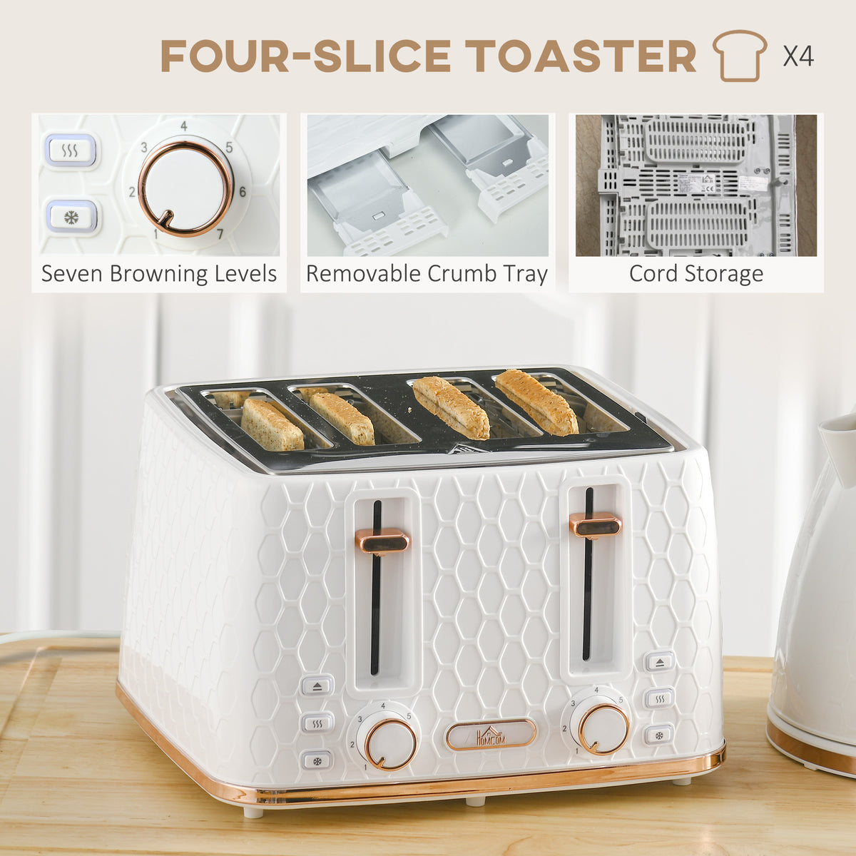 White four-slice toaster with seven browning settings, removable crumb tray and cord storage