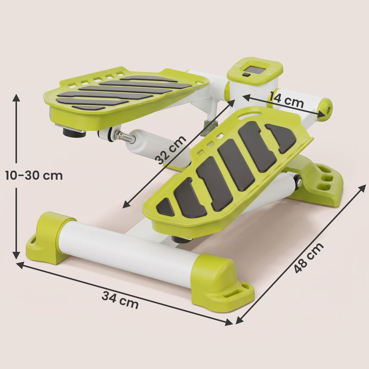 Yellow mini stepper with LCD monitor, non-slip pedals and labeled dimensions