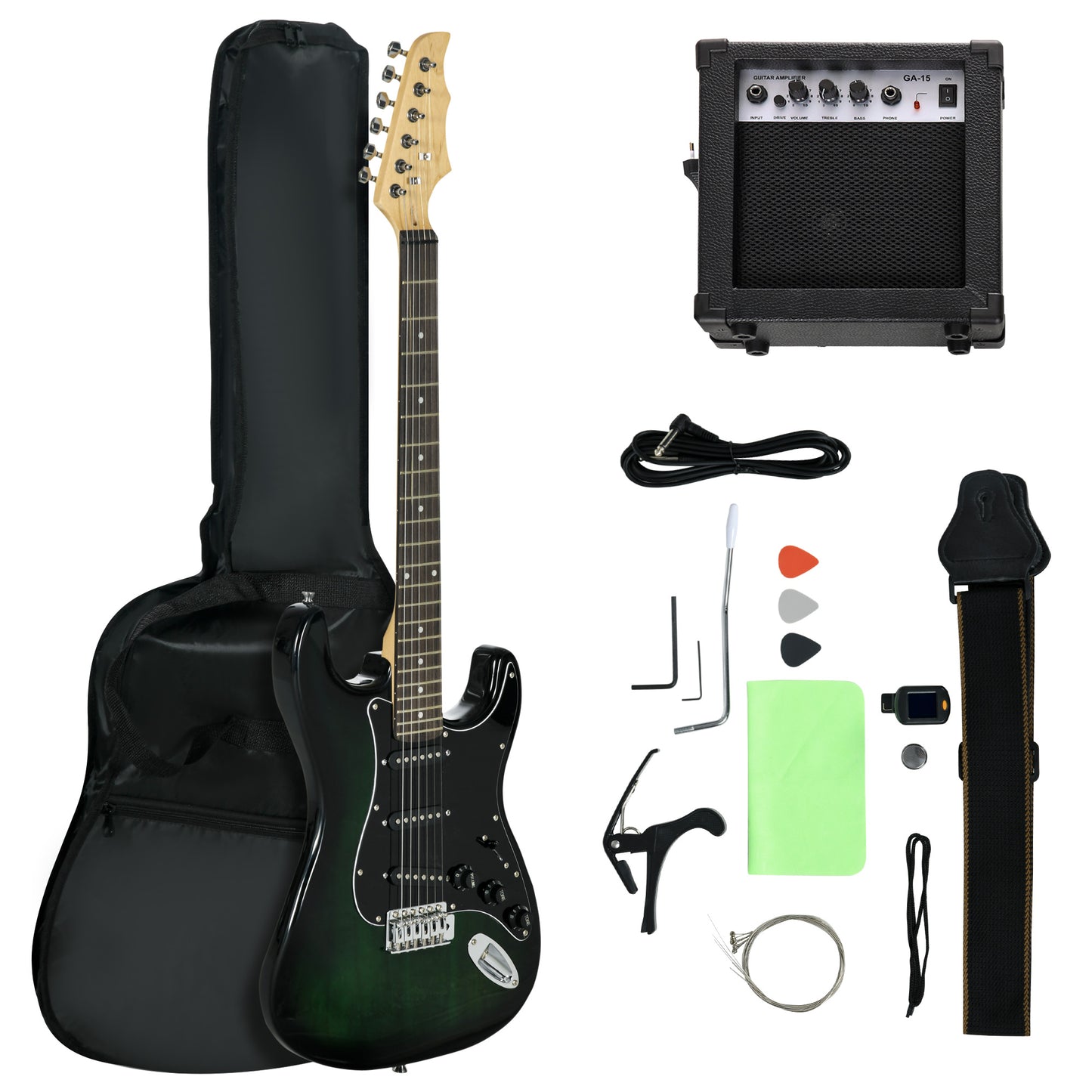 Photo of SPORTNOW Six-String Electric Guitar, with 15W Amplifier, Digital Turner, Picks, Shoulder Strap, Case Bag - Dark Green in Green colour on a white background