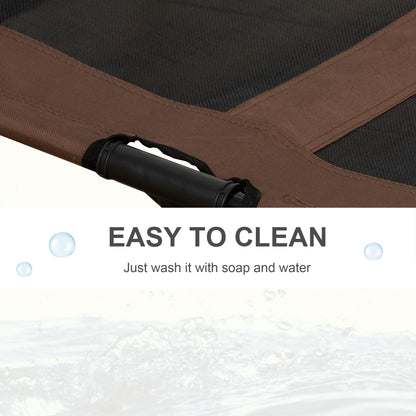 Close-up of brown mesh cot fabric and frame connector, washable with soap and water
