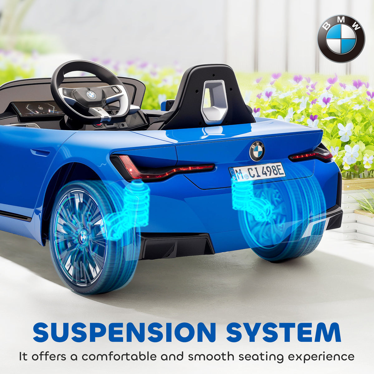 Rear view of the blue HOMCOM BMW i4 ride-on car with suspension system highlighted.
