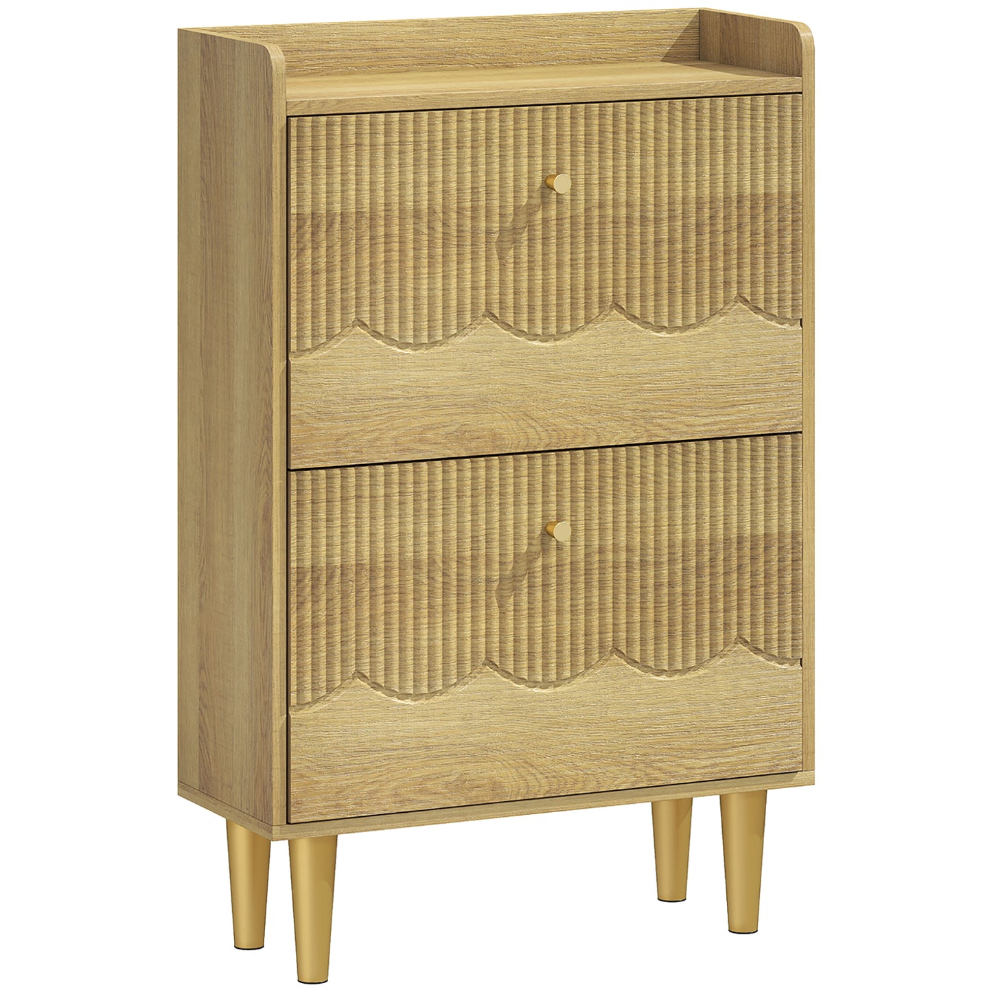 Photo of HOMCOM Narrow Shoe Cabinet, Modern Shoe Storage Cabinet with 2 Flip Drawers, Oak in Oak colour on a white background
