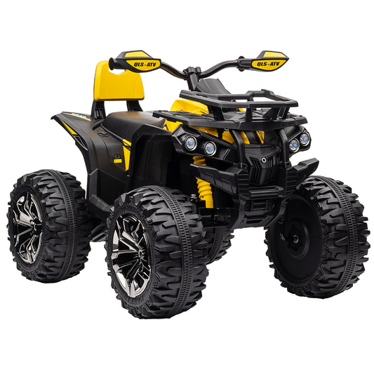 Photo of HOMCOM 12V Quad Bike ATV with LED Lights, Music, Backrest, Forward, Backward, Yellow in Yellow colour on a white background