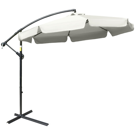 Photo of Outsunny 2.7m Garden Banana Parasol Cantilever Umbrella with Crank Handle and Cross Base for Outdoor, Hanging Sun Shade, Cream White in White colour on a white background