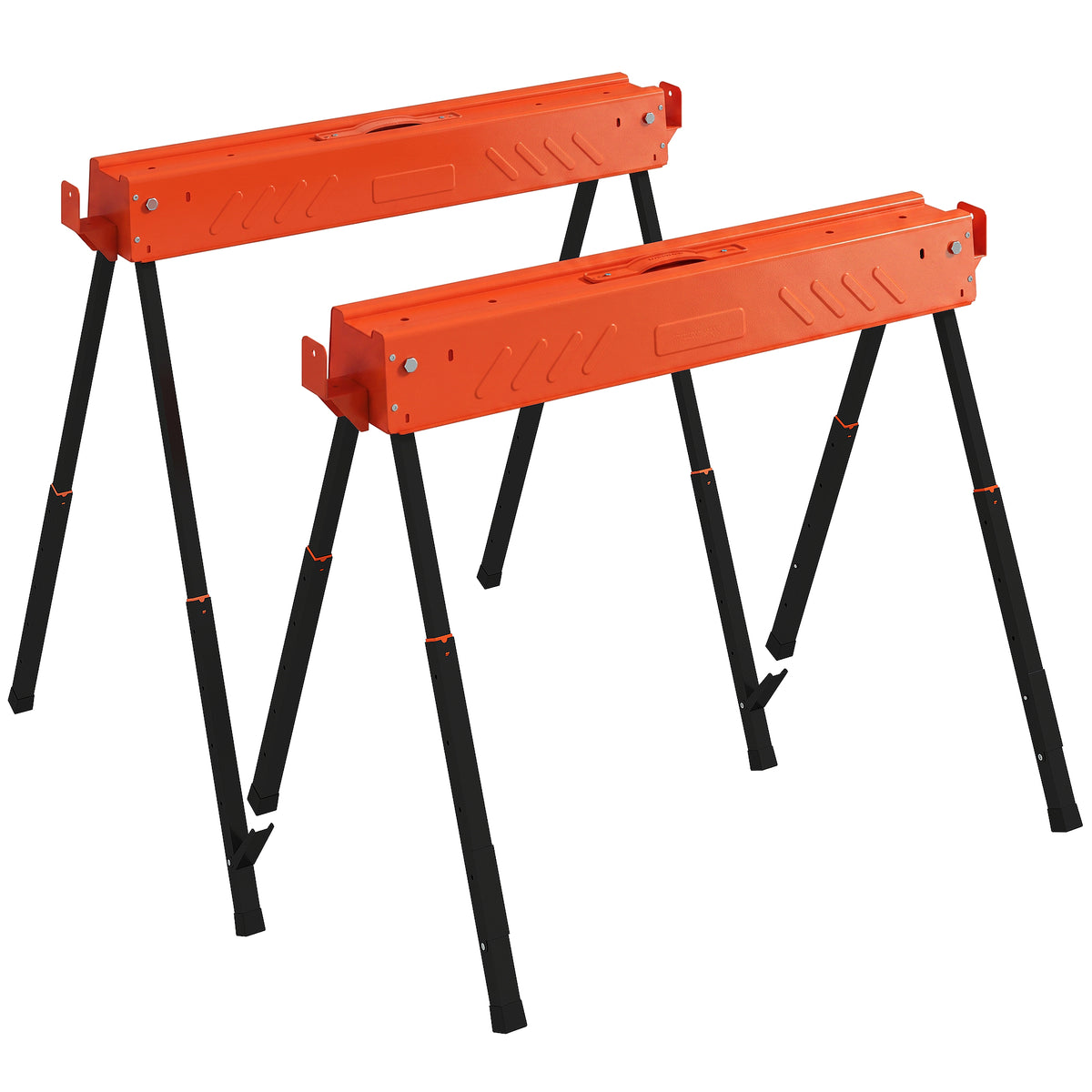 Photo of HOMCOM Saw Horses Twin Pack, Folding Work Bench Sawhorses with Height Adjustable Legs, 2x4 Bracket, Orange in Orange colour on a white background