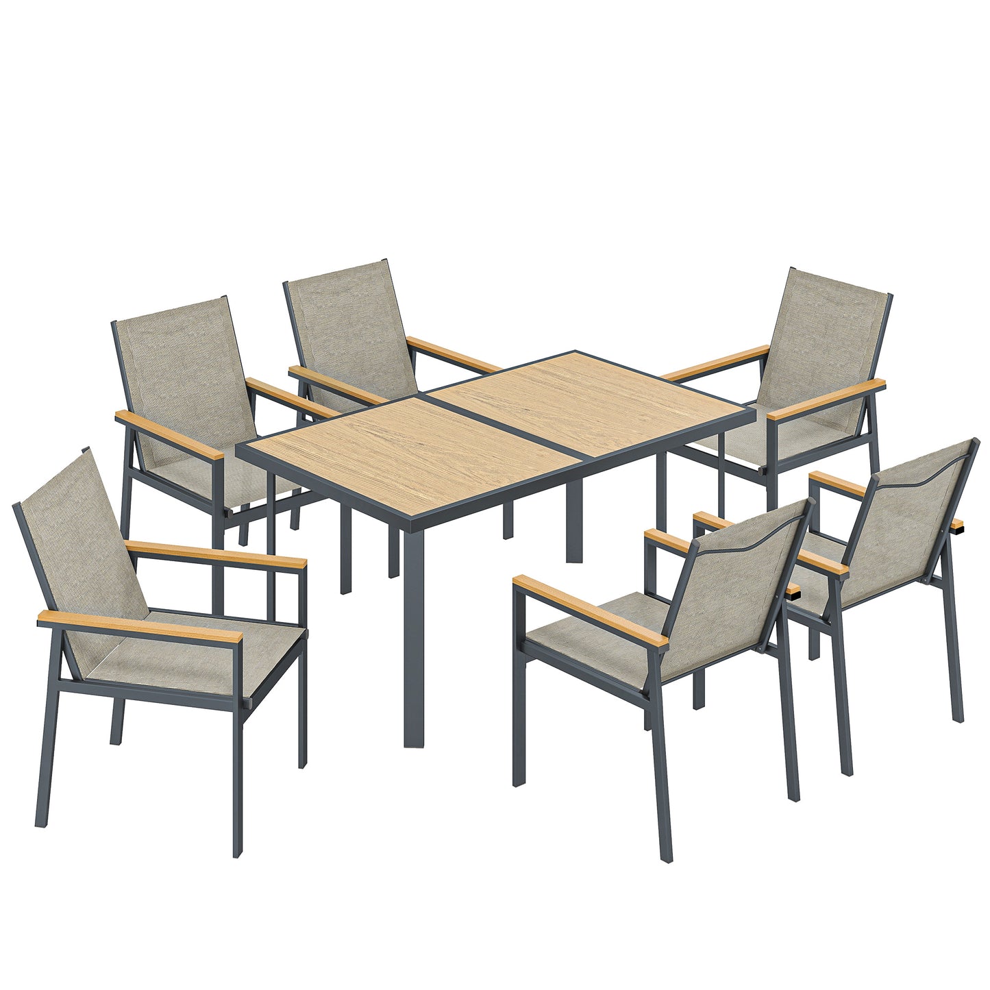 Photo of Outsunny Seven-Piece Metal Garden Dining Set, with Glass-Top Table - Khaki in Khaki colour on a white background
