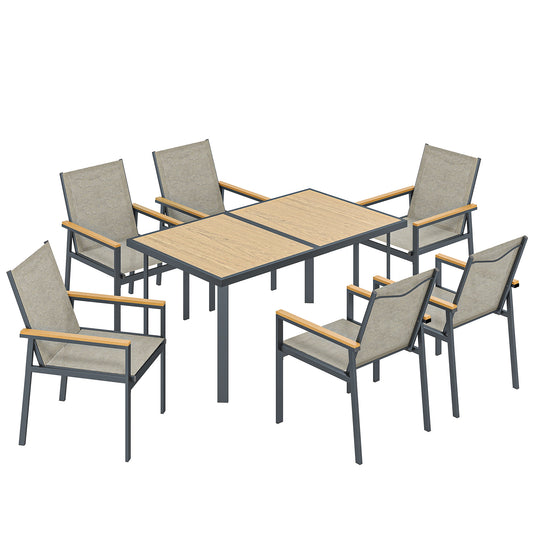 Photo of Outsunny Seven-Piece Metal Garden Dining Set, with Glass-Top Table - Khaki in Khaki colour on a white background