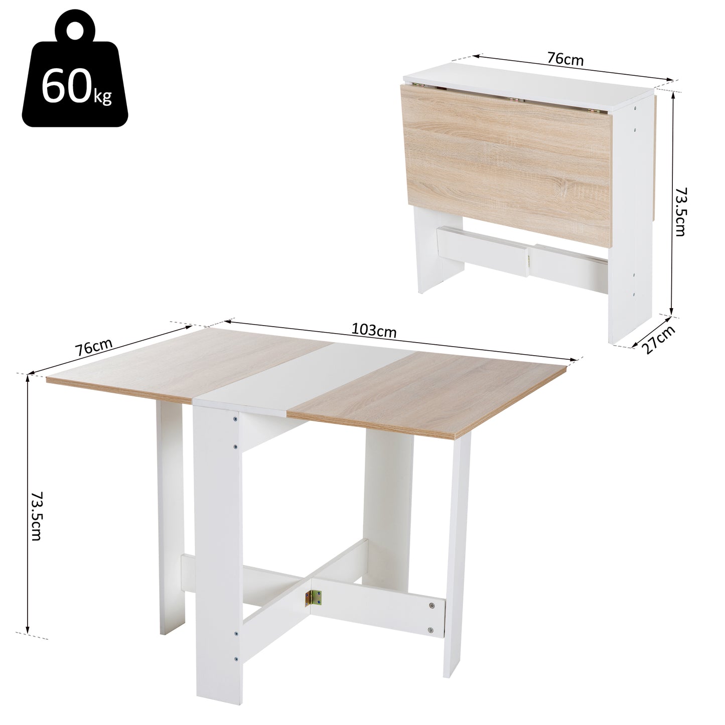 HOMCOM Folding Dining Table, Space-Saving Drop Leaf Kitchen Table for 4-6 People, Multi-functional Desk for Small Space, Flat & Studio, Modern Breakfast Table, Oak and White