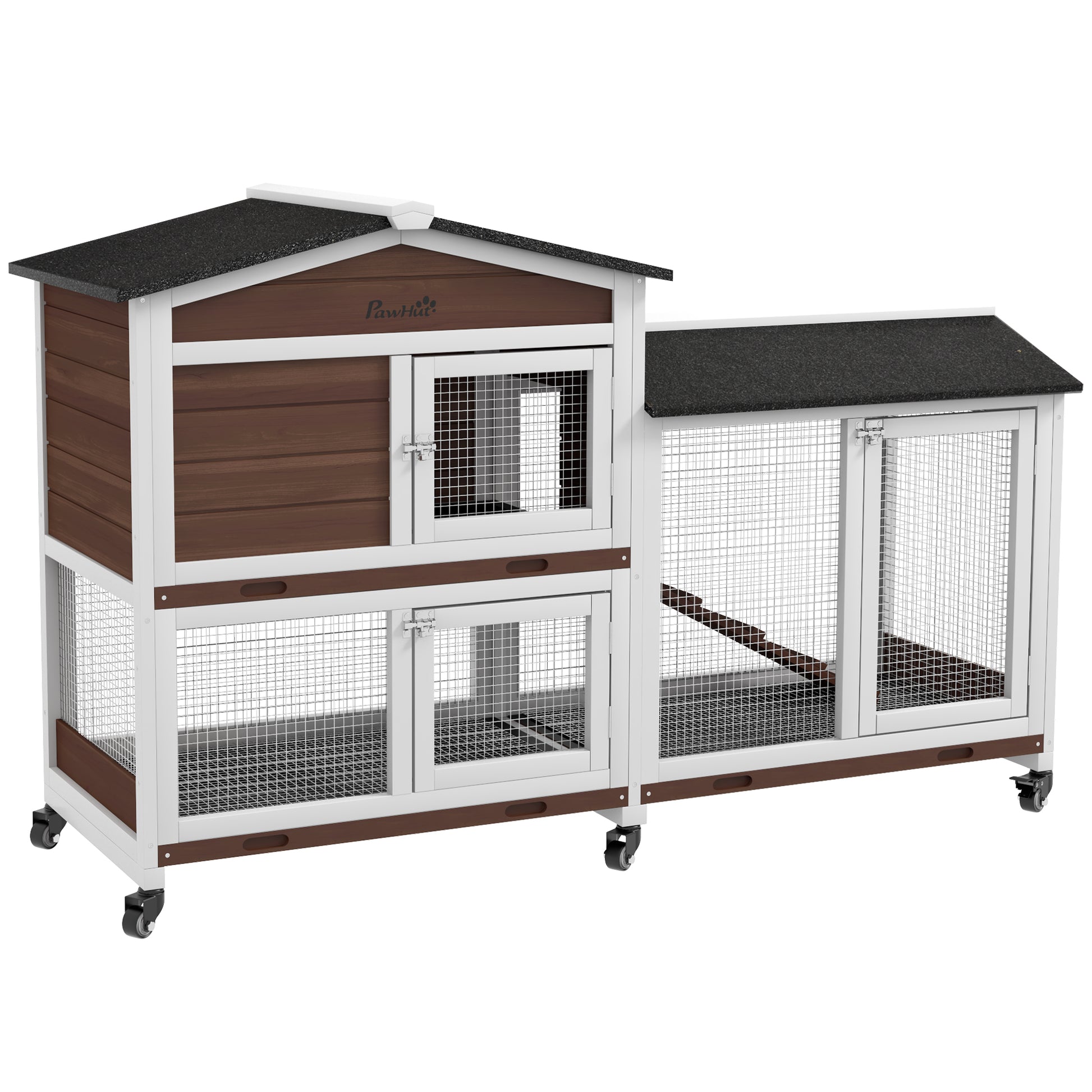 Photo of PawHut Wooden Two-Tier Pet Hutch with Wheels, Run - Brown in Brown colour on a white background