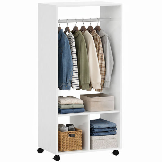 White open garment rack with hanging rail, shelves, cubbies and four caster wheels