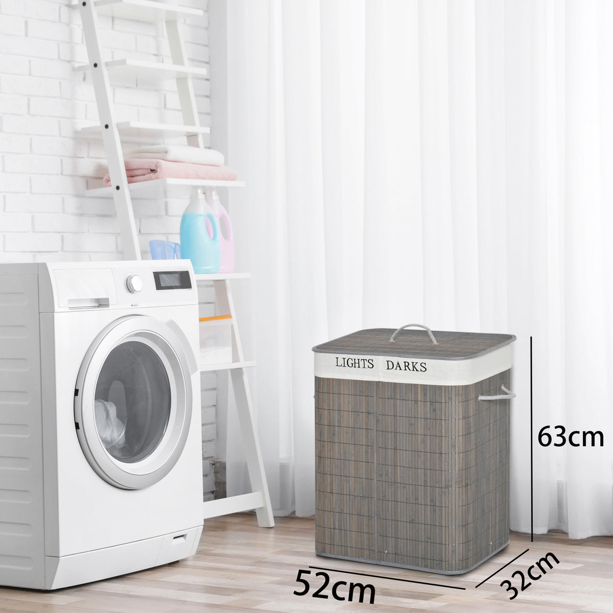 Rectangular gray laundry hamper with lid and rope handles, shown with 52 by 32 by 63 cm dimensions