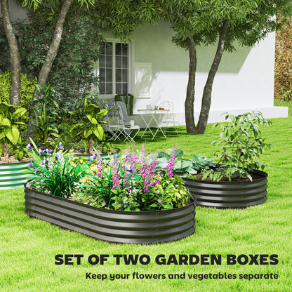 Two dark grey corrugated steel planters filled with flowers and vegetables