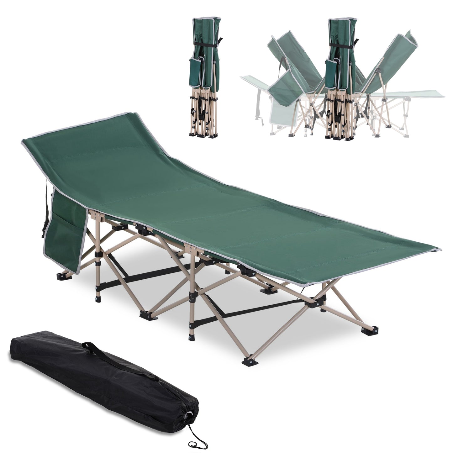 Photo of Outsunny Single Person Camping Bed Folding Cot Outdoor Patio Portable Military Sleeping Bed Travel Guest Leisure Fishing with Side Pocket and Carry Bag - Green in Green colour on a white background