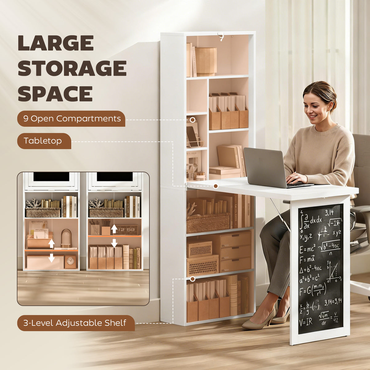 White fold-out desk open as a workspace, with nine storage compartments and a chalkboard panel