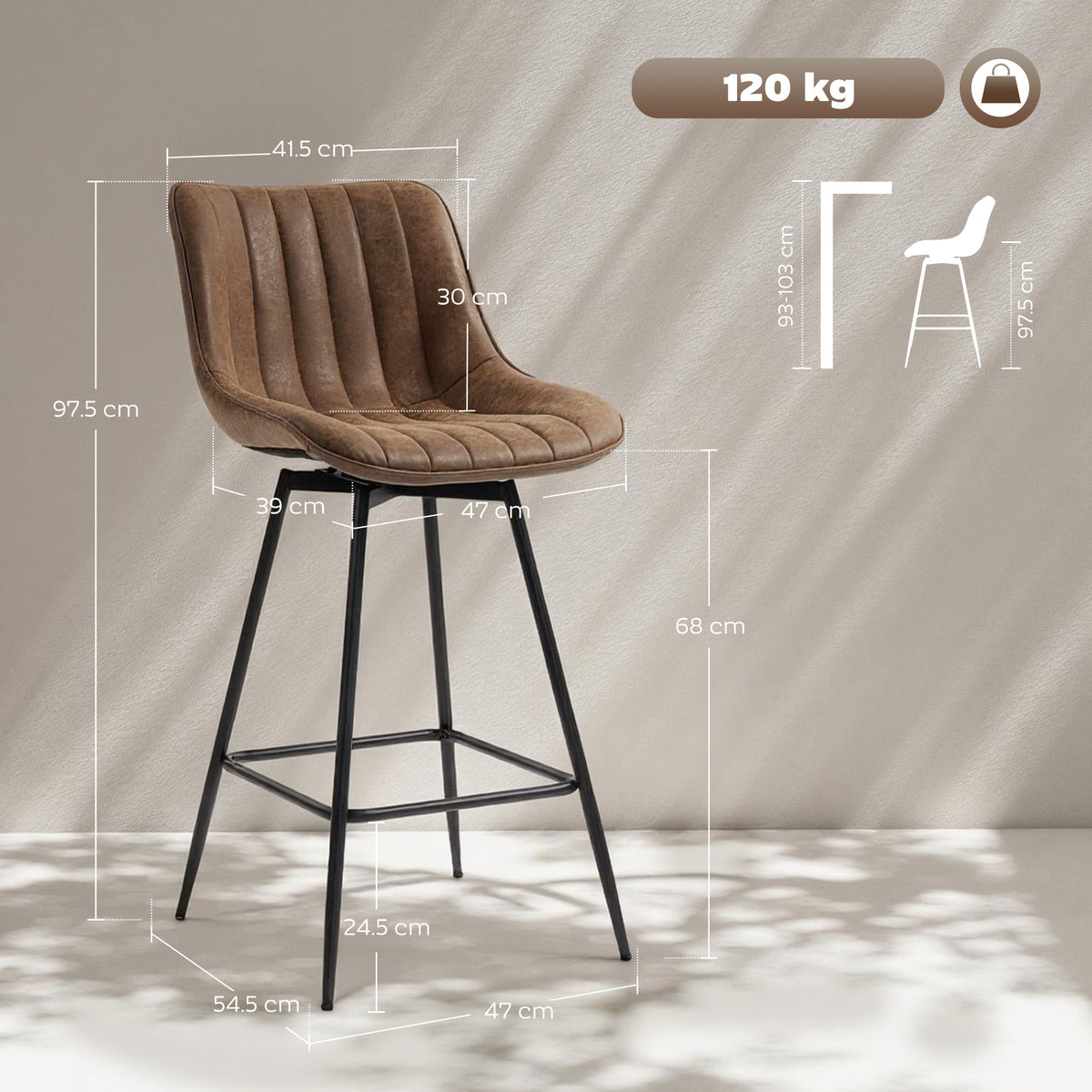 HOMCOM Set of 2 PU Leather Swivel Bar Stools - Brown