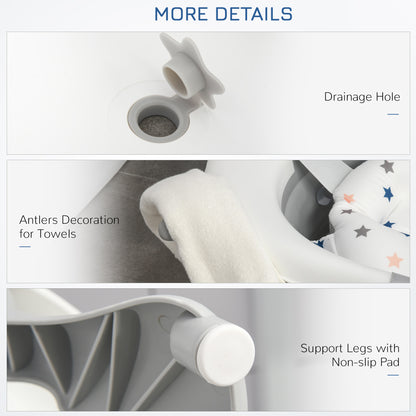 Baby bathtub details showing the drain plug, towel hook, and non-slip support foot