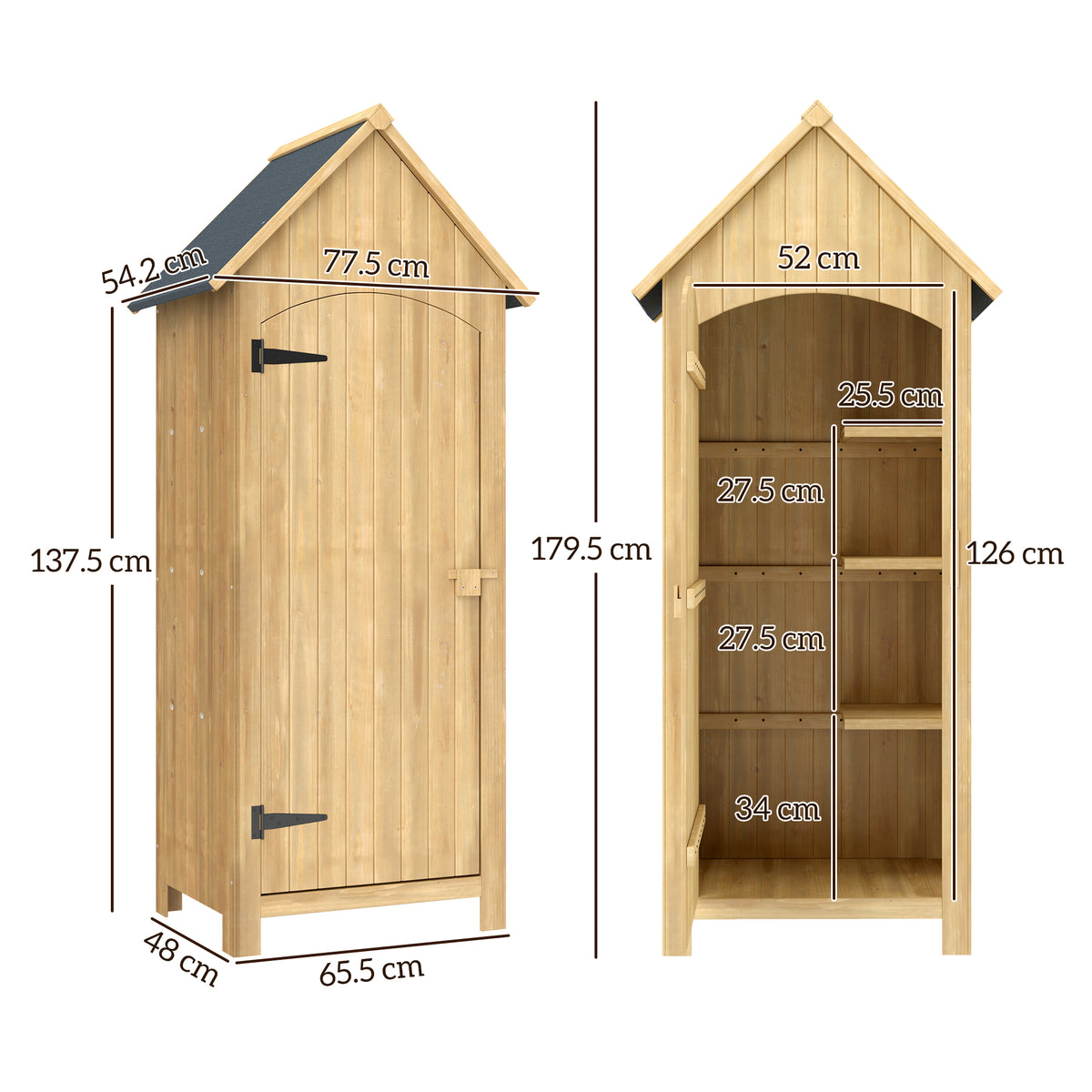 Wooden garden storage shed with three shelves and dimensions shown