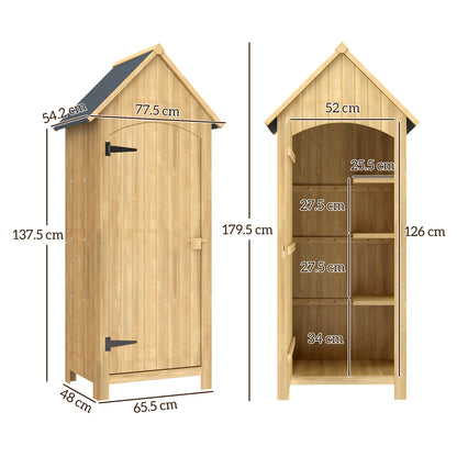 Wooden garden storage shed with three shelves and dimensions shown