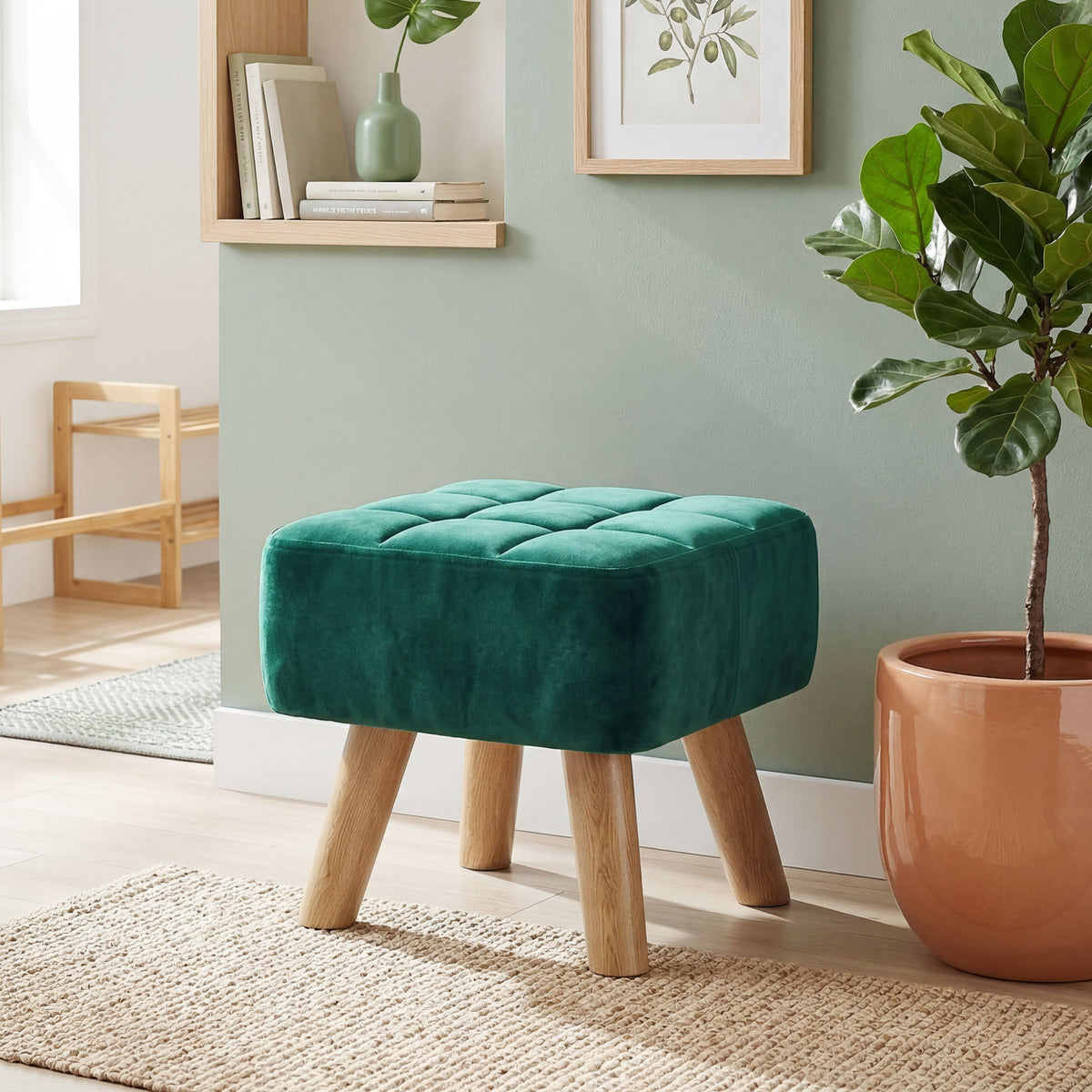 HOMCOM Velvet Square Padded Footstool - Dark Green
