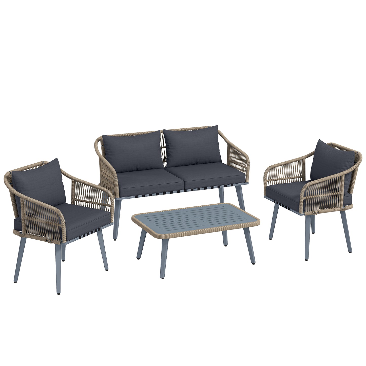 Photo of Outsunny 4 Piece Rattan Garden Furniture Set with Loveseat, Armchairs, Wood Table, Wicker Patio Conversation Set, Grey in Grey colour on a white background