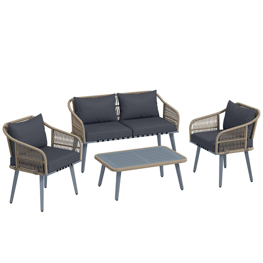 Photo of Outsunny 4 Piece Rattan Garden Furniture Set with Loveseat, Armchairs, Wood Table, Wicker Patio Conversation Set, Grey in Grey colour on a white background