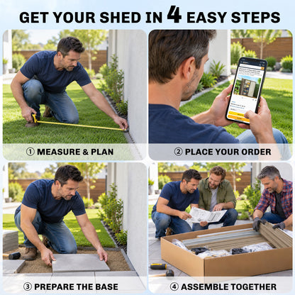 Outsunny garden shed setup guide showing measuring, ordering, base preparation and assembly