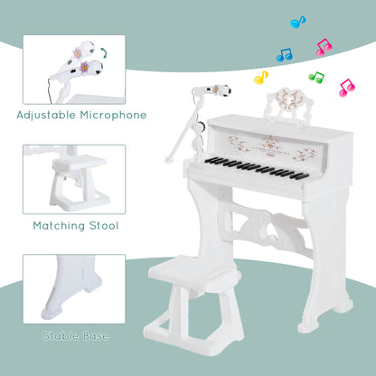 White toy grand piano set with matching stool, adjustable microphone and stable base.