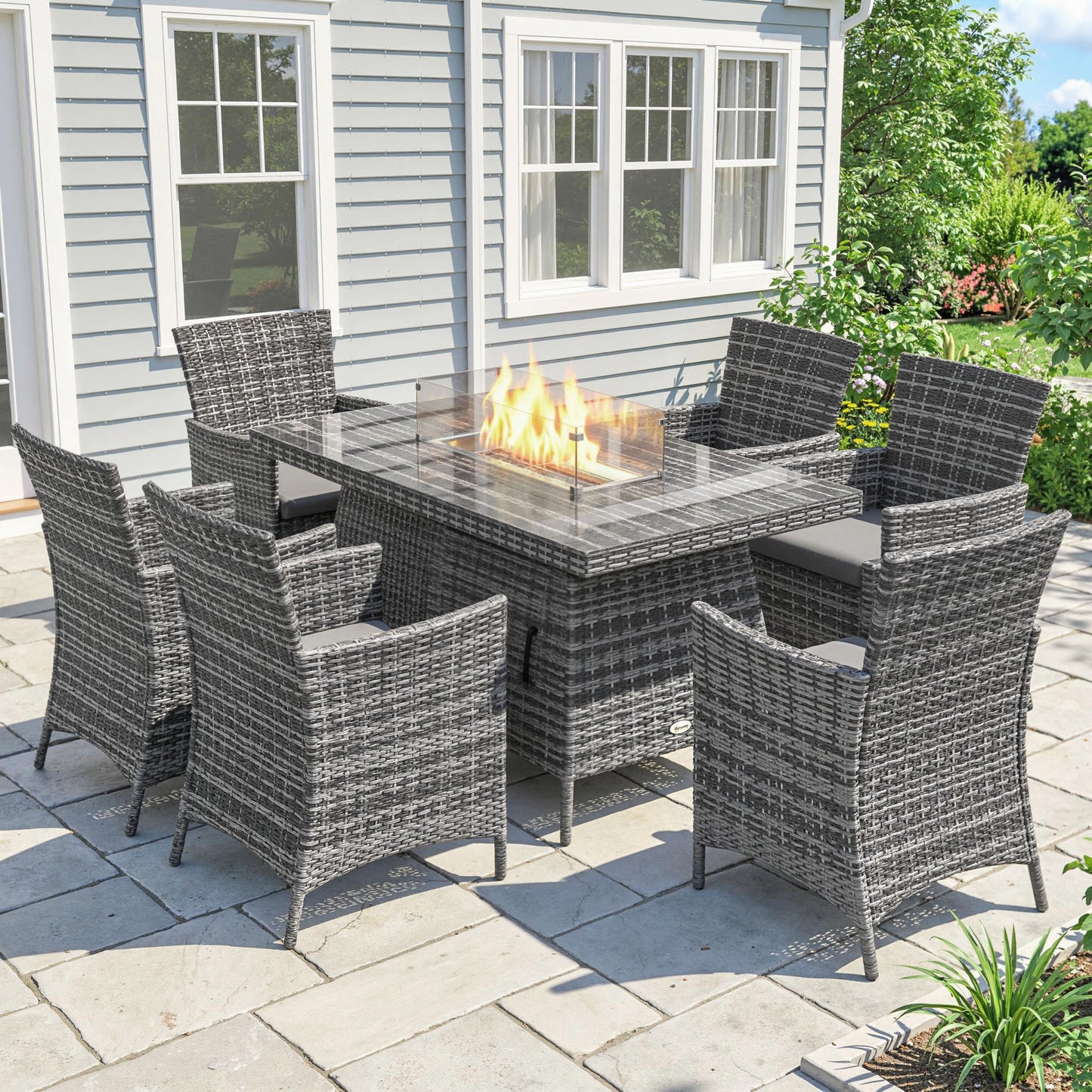 Outsunny 7 Pieces Outdoor Rattan Garden Furniture with Fire Pit Table, 6 Seater Garden Table and Chairs with Cushions, Rattan Dining Set with Propane Heater Table, Windscreen, 50,000 BTU, Grey