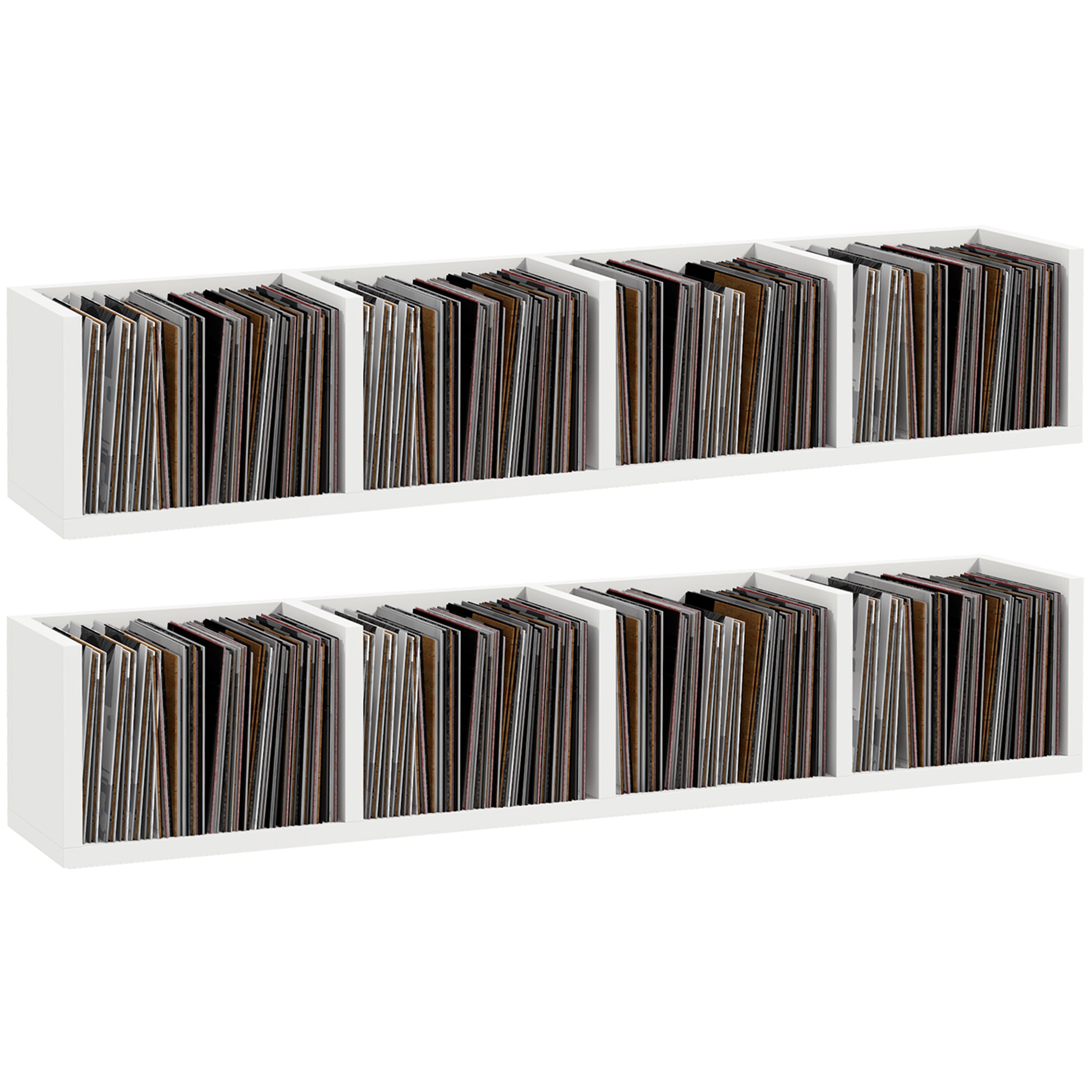 Photo of HOMCOM Wall Mount 84 CD / 56 DVD/Blu-ray/ Media Storage Rack 4 Cubes, Wooden Shelf Organiser Unit Bookcase Display, Set of 2, White in White colour on a white background