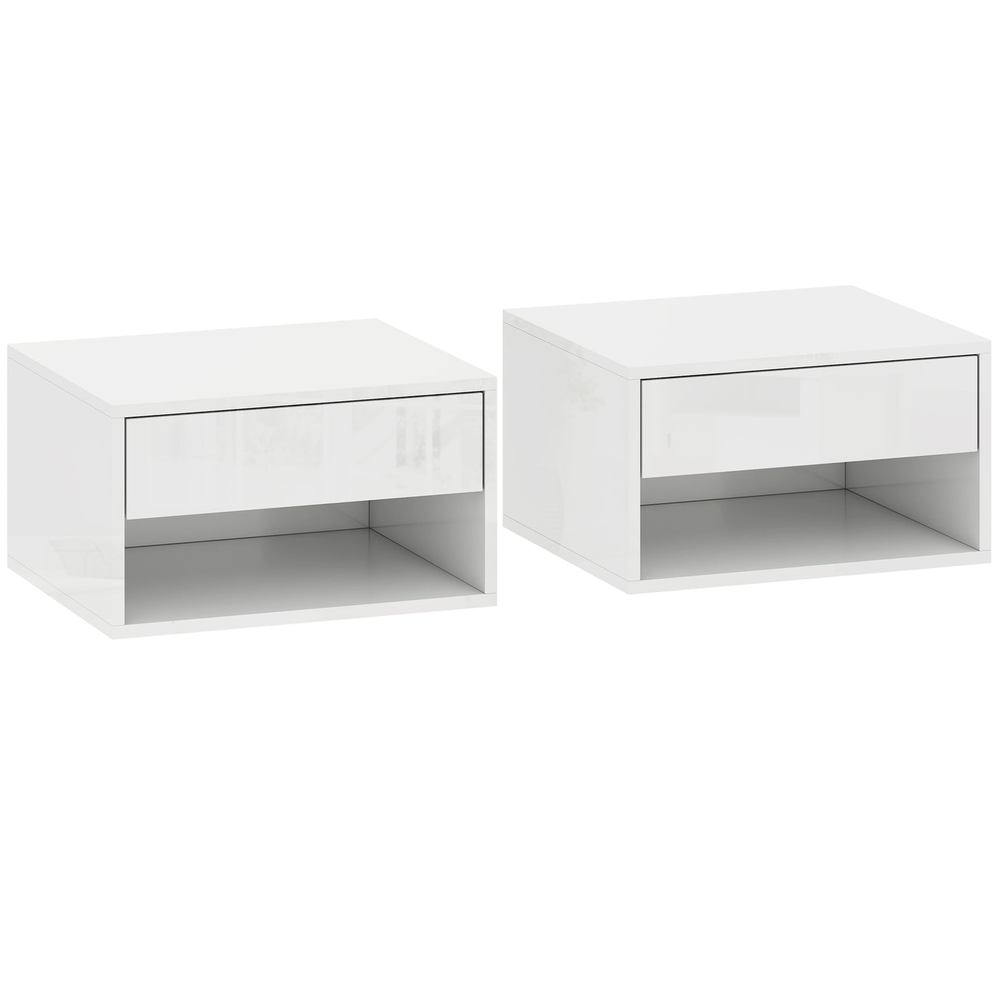Photo of HOMCOM Set of Two Floating Bedside Tables, Wall Mounted Nightstand with Drawer and Open Shelf, High Gloss White in White colour on a white background
