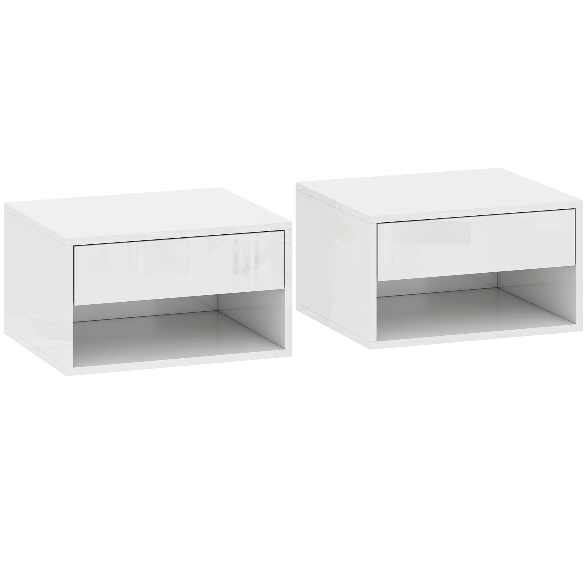 Photo of HOMCOM Set of Two Floating Bedside Tables, Wall Mounted Nightstand with Drawer and Open Shelf, High Gloss White in White colour on a white background