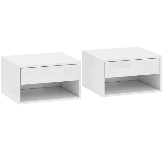 Photo of HOMCOM Set of Two Floating Bedside Tables, Wall Mounted Nightstand with Drawer and Open Shelf, High Gloss White in White colour on a white background