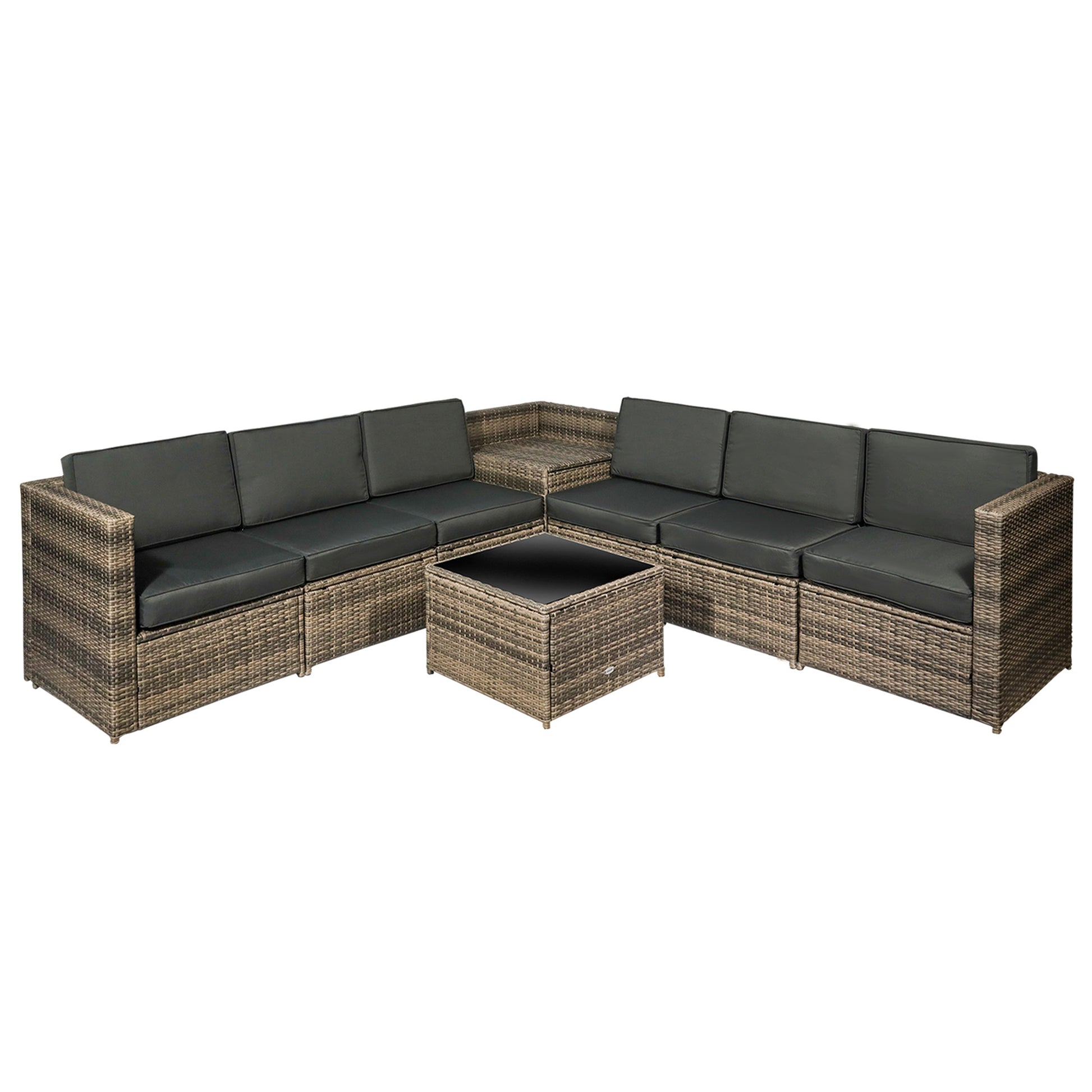 Photo of Outsunny 8 Pieces Outdoor PE Rattan Sofa Set with Cushions, Patio Garden Furniture Sets with Glass Top Coffee Table, Storage Corner Table, Mixed Brown in Brown colour on a white background