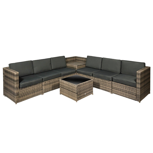 Photo of Outsunny 8 Pieces Outdoor PE Rattan Sofa Set with Cushions and Glass Top Coffee Table, Mixed Brown in Brown colour on a white background