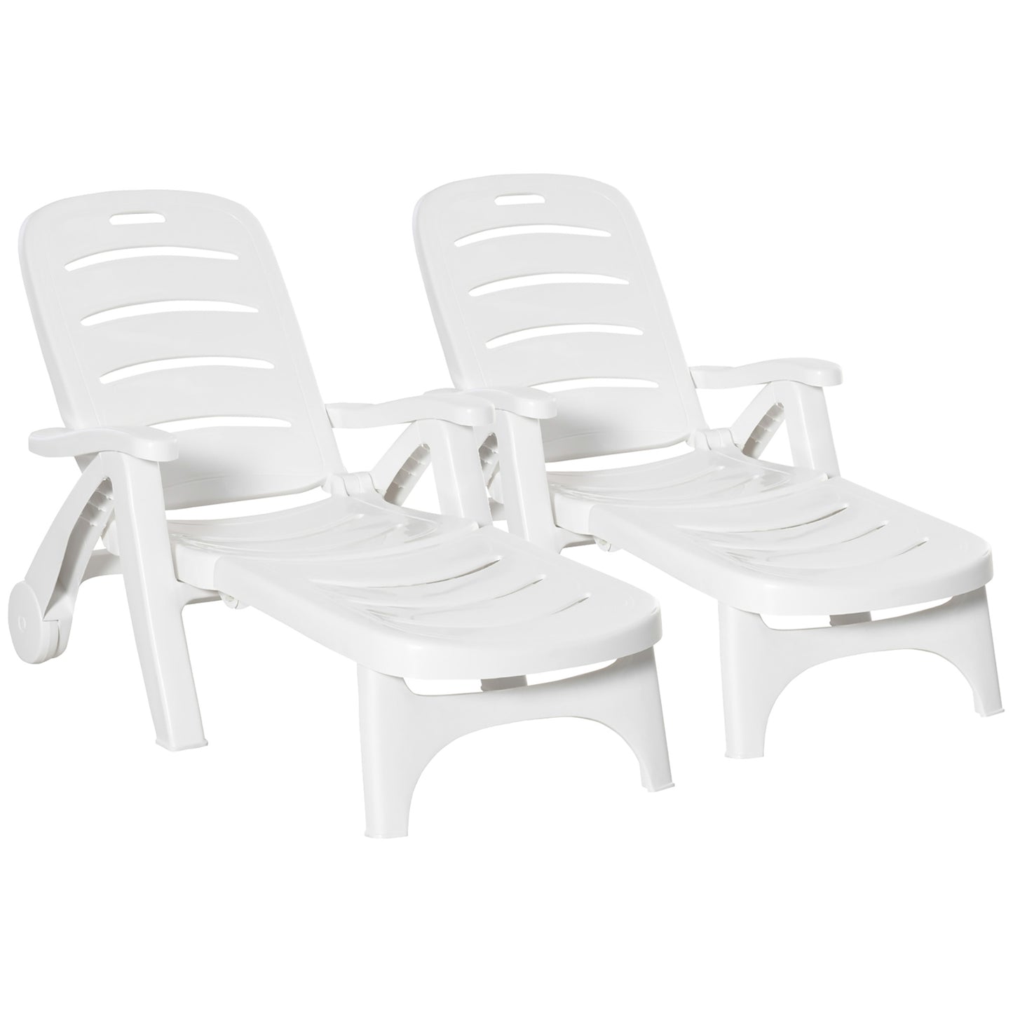Photo of Outsunny 2PCs Outdoor Folding Sun Lounger Recliner on Wheels w/ 5-Position Backrest, White in White colour on a white background