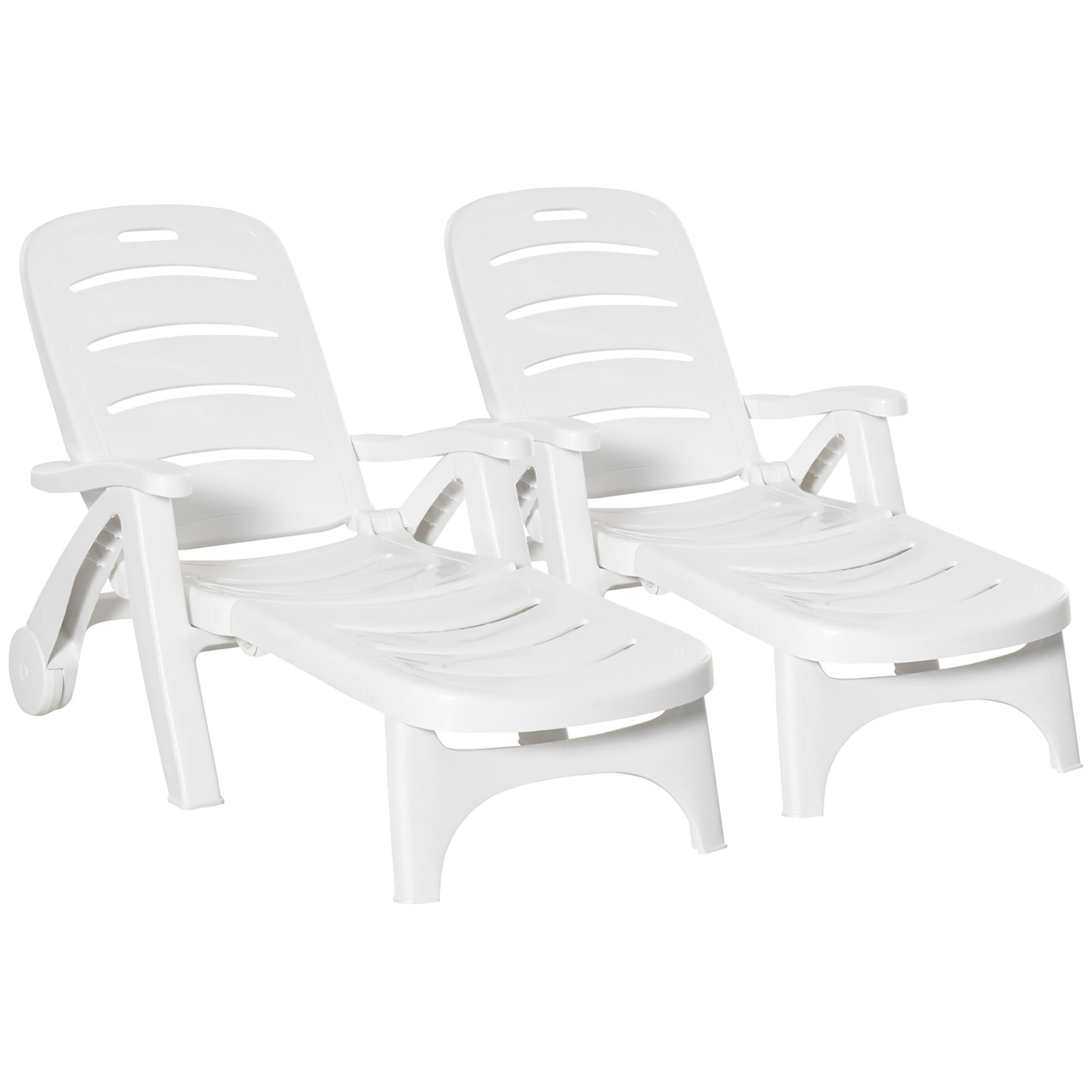 Photo of Outsunny 2PCs Outdoor Folding Sun Lounger Recliner on Wheels w/ 5-Position Backrest, White in White colour on a white background