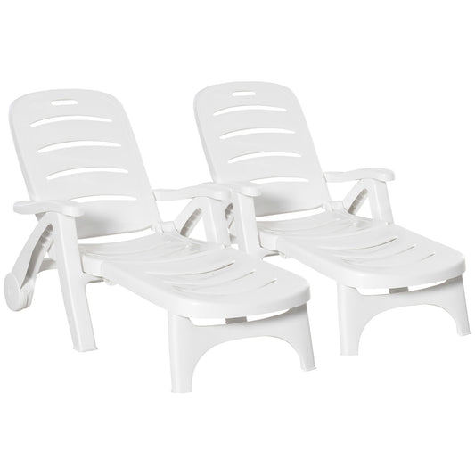 Photo of Outsunny 2PCs Outdoor Folding Sun Lounger Recliner on Wheels w/ 5-Position Backrest, White in White colour on a white background