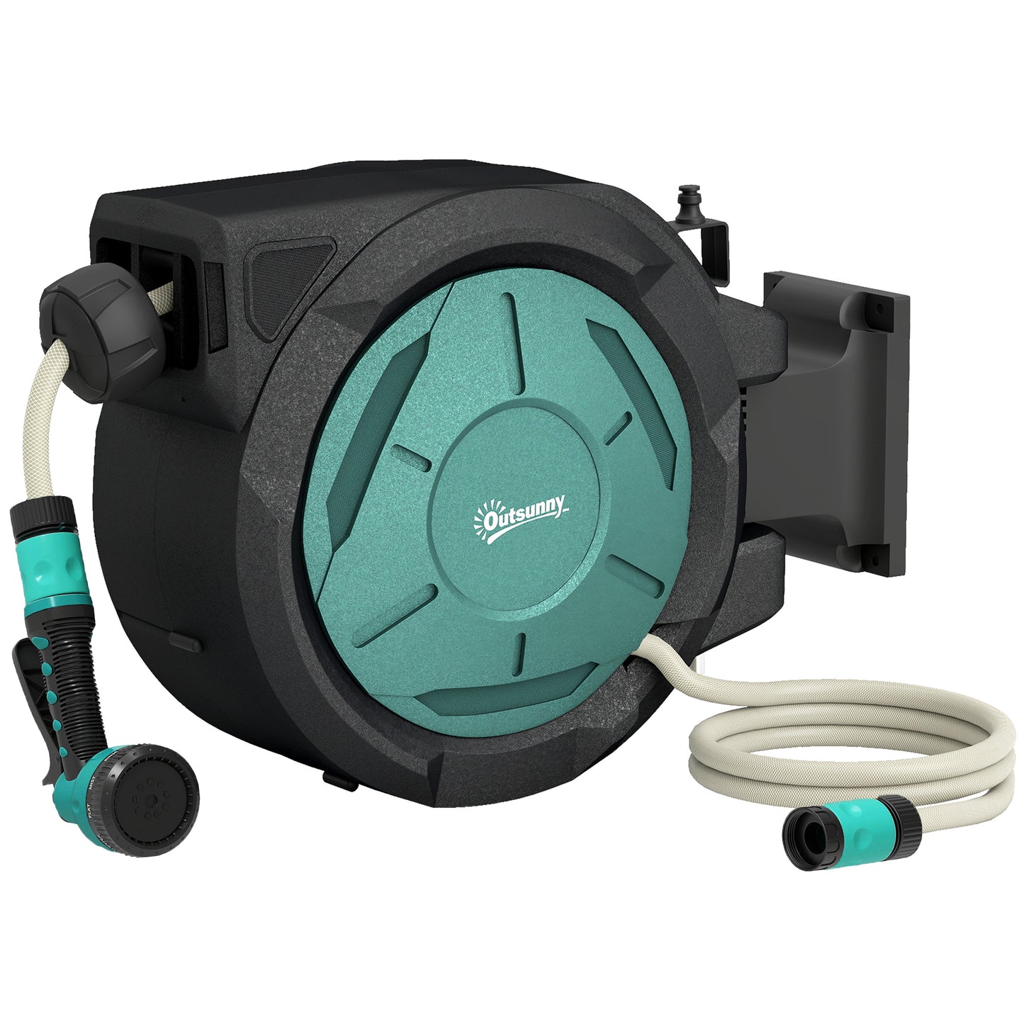 Photo of Outsunny Retractable Hose Reel Wall Mounted, 20+2m Garden Hose Pipe Reel with Lock, Auto Rewind, 7 in 1 Spray Nozzle, Includes Wall Fixings, 180° Swivel, Outdoor Watering, 54 x 20 x 39 cm, Black in Black colour on a white background