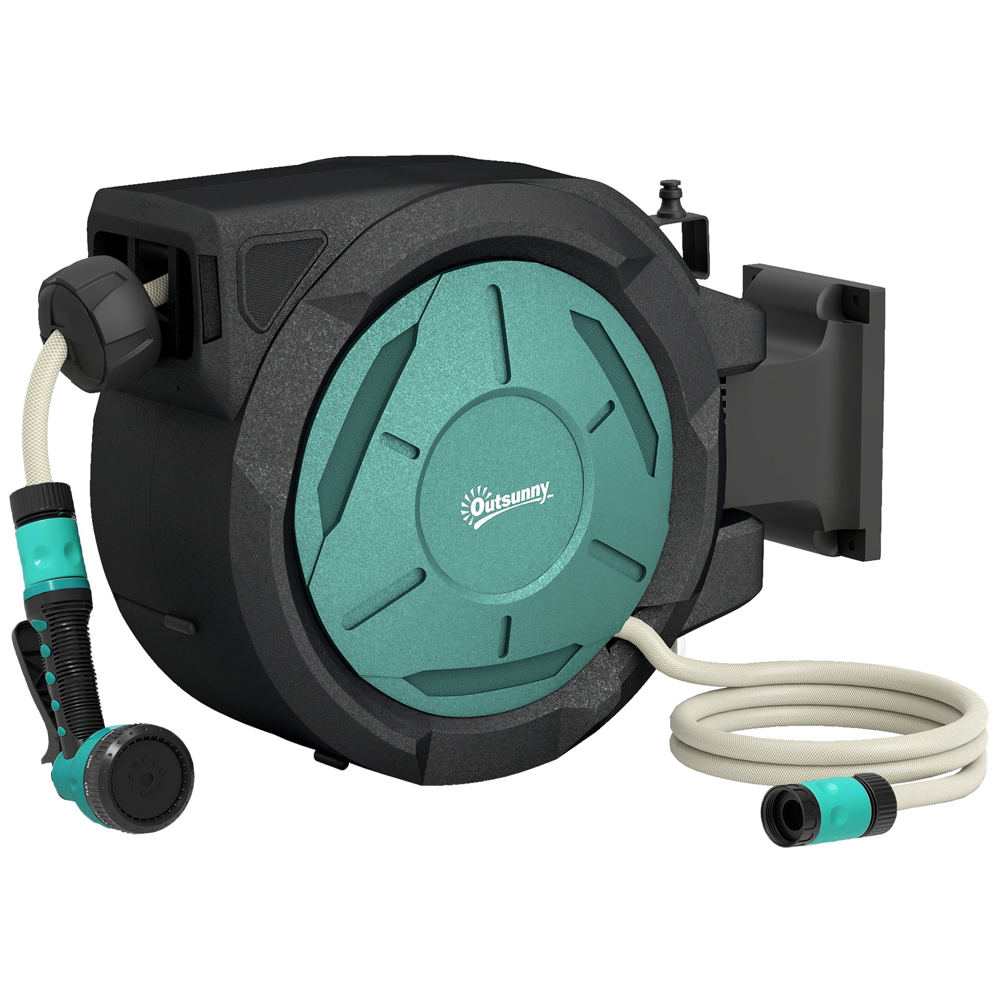 Photo of Outsunny Retractable Hose Reel Wall Mounted, 20+2m Garden Hose Pipe Reel with Lock, Auto Rewind, 7 in 1 Spray Nozzle, Includes Wall Fixings, 180° Swivel, Outdoor Watering, 54 x 20 x 39 cm, Black in Black colour on a white background