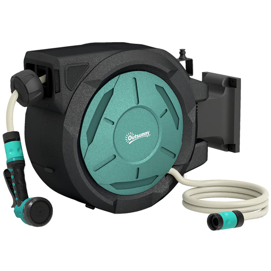 Photo of Outsunny Retractable Hose Reel Wall Mounted, 20+2m Garden Hose Pipe Reel with Lock, Auto Rewind, 7 in 1 Spray Nozzle, Includes Wall Fixings, 180° Swivel, Outdoor Watering, 54 x 20 x 39 cm, Black in Black colour on a white background