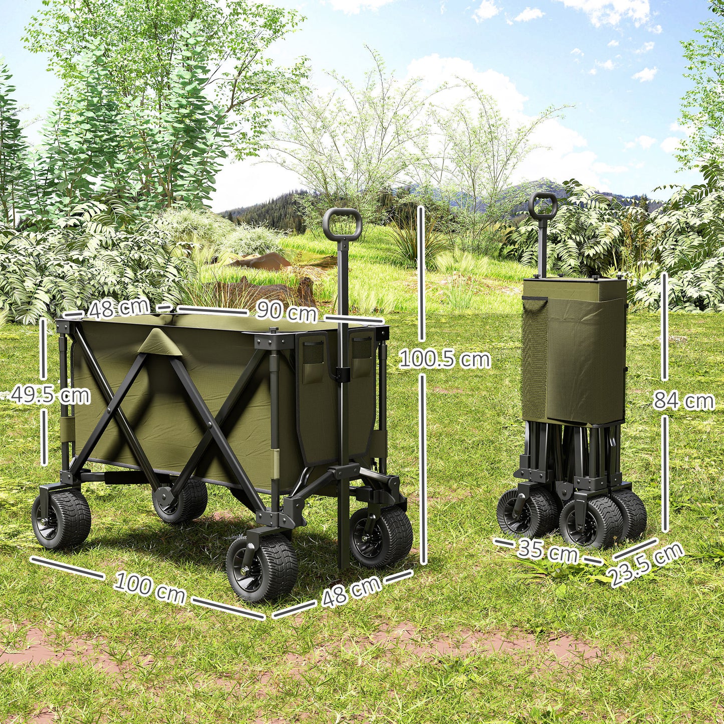 Outsunny 300L Festival Trolley on Wheels, Folding Camping Trolley Cart, Heavy Duty Collapsible Wagon Cart with Wide Wheels, Side Pockets for Outdoor Garden Picnic Beach Shopping Fishing, Green