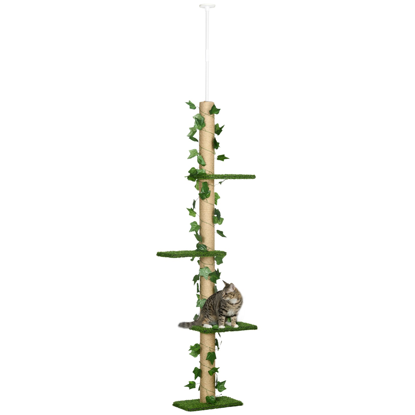 Photo of PawHut 242cm Adjustable Floor-To-Ceiling Cat Tree, with Artificial Decoration, Perches, Anti-Slip Kit - Green in Green colour on a white background