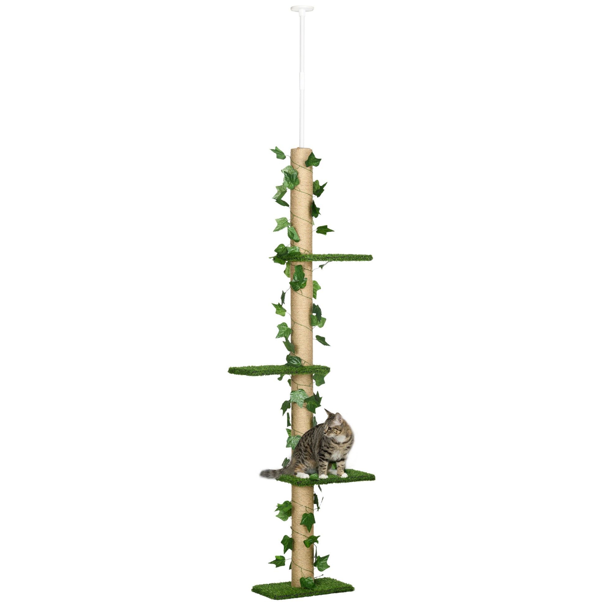 Photo of PawHut 242cm Adjustable Floor-To-Ceiling Cat Tree, with Artificial Decoration, Perches, Anti-Slip Kit - Green in Green colour on a white background