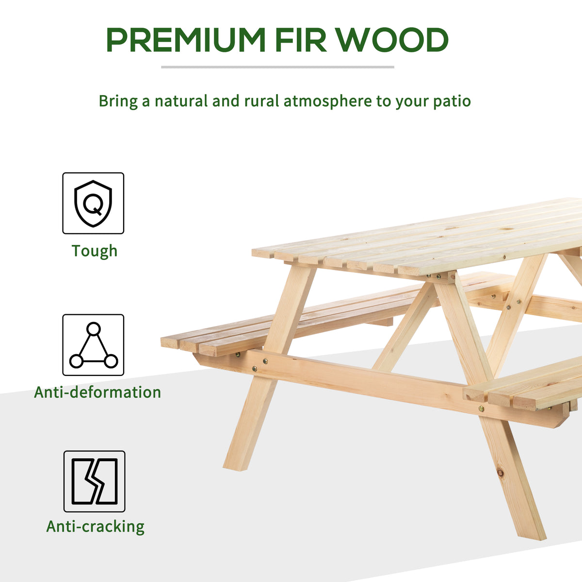 Fir wood picnic table with attached slatted benches and sturdy cross-bracing