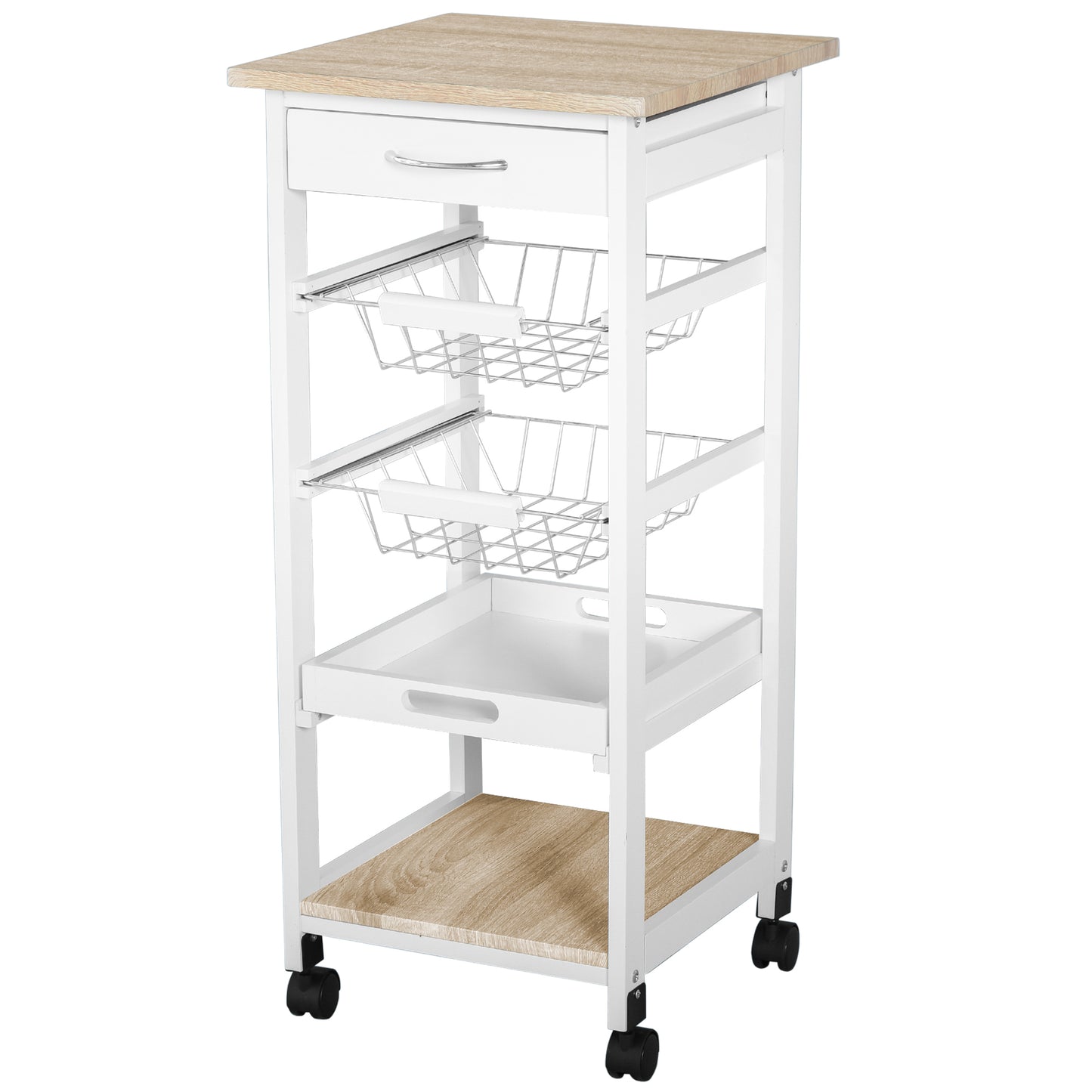 Photo of HOMCOM Mobile Rolling Kitchen Island Trolley for Home w/ Metal Baskets Trays Shelves Wheels Compact Stylish Storage White in White colour on a white background