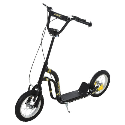 Black kids' stunt scooter with spoked rubber tires, dual brakes, and a wide standing deck