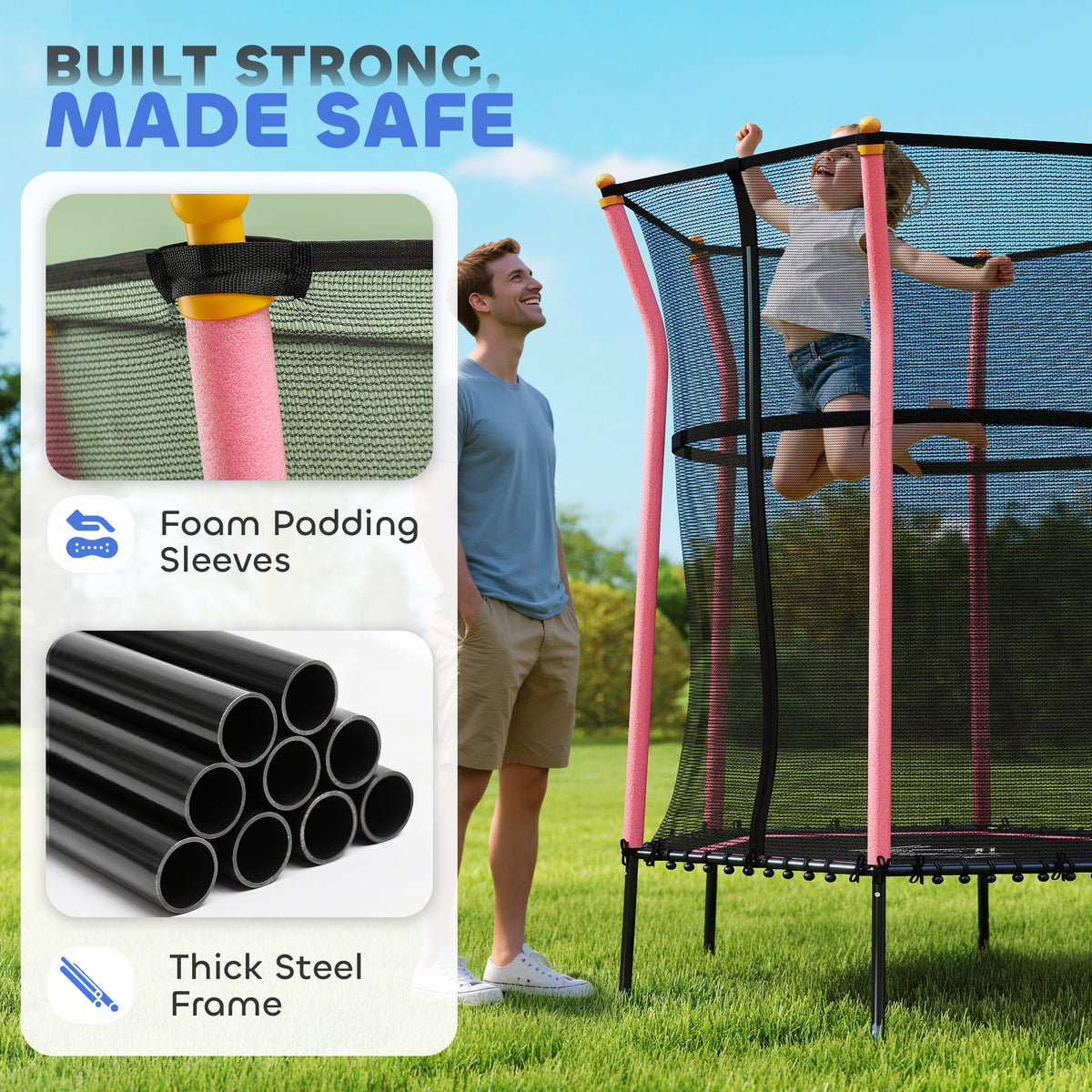 Pink kids trampoline with foam pole sleeves, mesh enclosure and thick steel frame