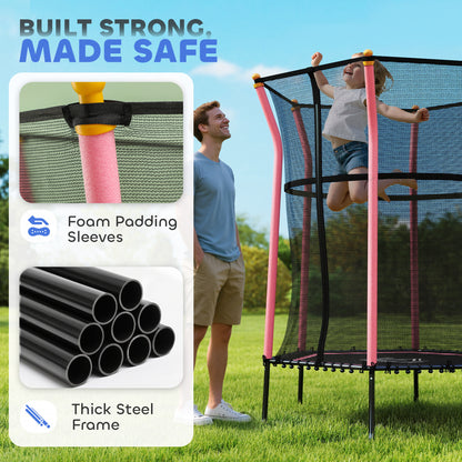 Pink kids trampoline with foam pole sleeves, mesh enclosure and thick steel frame